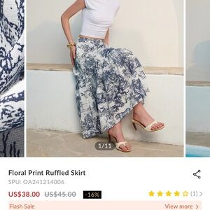 Commense Blue Floral Print Ruffled Skirt